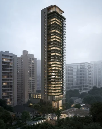 Perspectiva ilustrada da fachada do Atílio 870, torre única iluminada ao entardecer